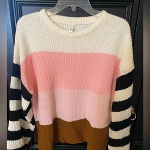 Cozy Wishlist sweater pink, white, camel &black/white striped sleeves.✨💗✨